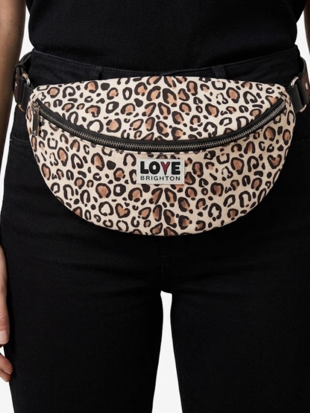 Brighton Love Leopard Belt Bag in Beige, Black & Red Trim Wild Cat